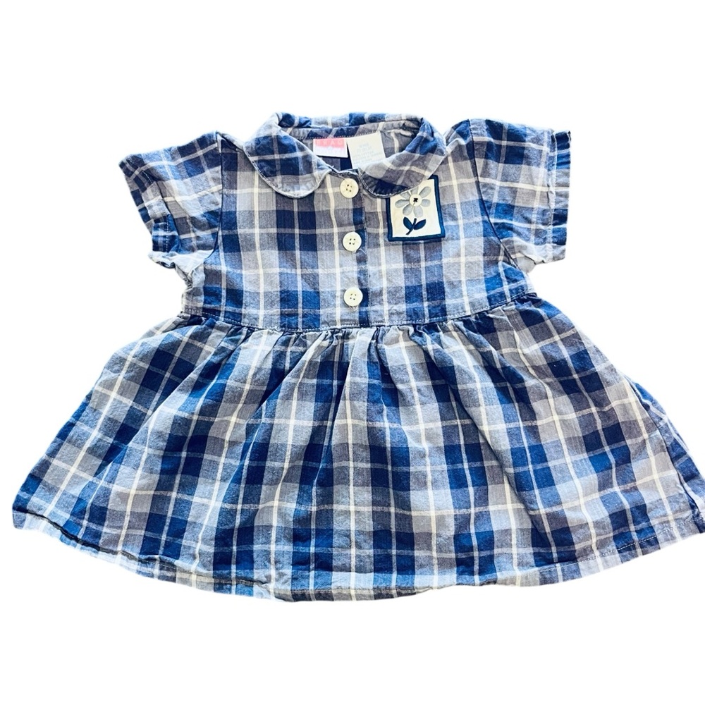 Vintage 90s/00s Baby Dress Blue Plaid Short Sleeve with Flower size 18 months